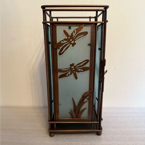 Dragonfly Metal & Frosted Glass Pillar Candle Holder